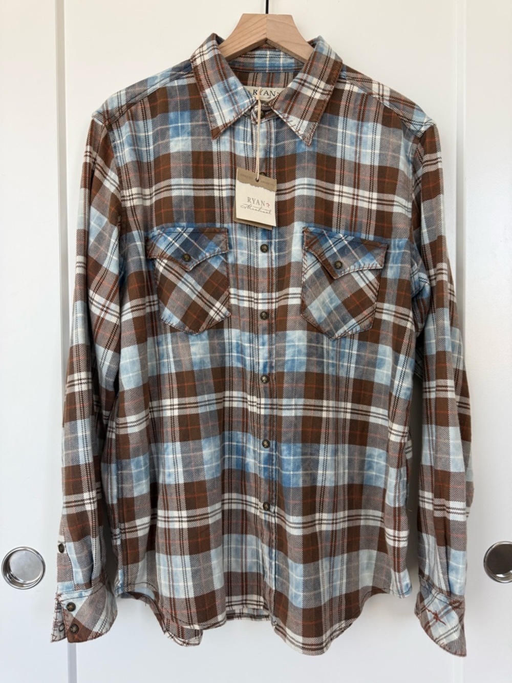 Ryan Michael Brown & Light Blue Plaid Button-Up Western Style Shirt